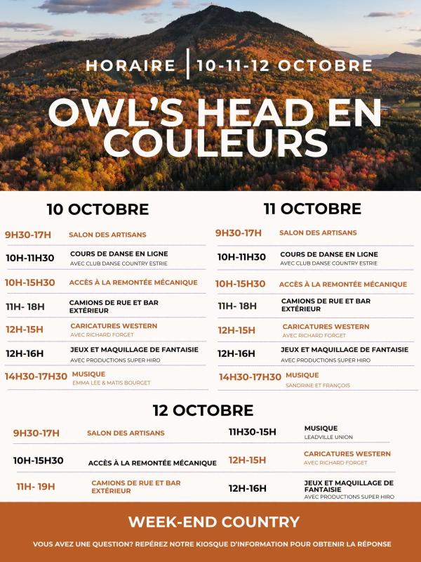 Owl's Head - Dernier week-end festif d'automne avant l'ouverture Owl's Head - Dernier week-end festif d'automne avant l'ouverture